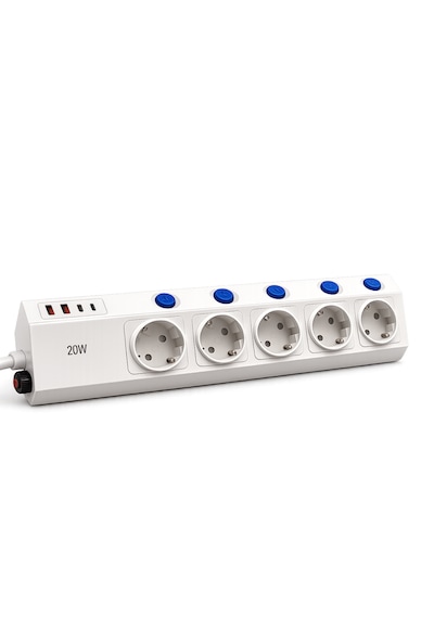 5'li Akım Korumalı Çoklu Priz 2 Metre Kablolu 3680w 16a 5 Bağımsız Anahtarlı 2 Usb-a 2 Usb-c Pd 20w Hızlı Şarj Destekli 2 m