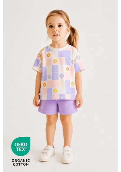 Luppinos %100 Pamuk Çiçek Baskılı Bisiklet Yaka Çift Cepli Bebek-çocuk Tshirt Şort Set Beyaz - Mor Luppinos %100 Pamuk Çiçek Baskılı Bisiklet Yaka Çift Cepli Bebek-çocuk Tshirt Şort Set Beyaz - Mor