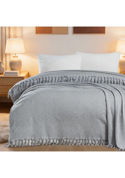 Aryıldız Home 240x260 Cm Bambu Jakarlı Saçaklı Pike - Gri Çok Renkli