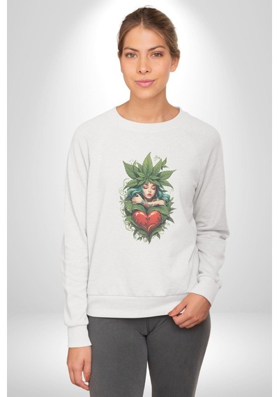 Kalp Parmak Kız Yeşillik Mutluluk Unisex Beyaz Baskılı Sweatshirt Beyaz