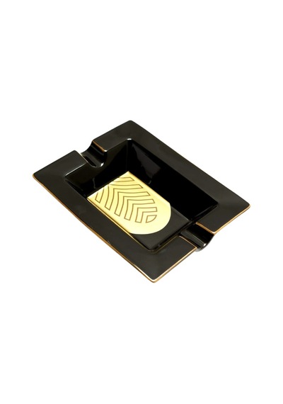 Parmida Siyah Gold Şeritli Yaprak Desenli İkili Porselen Puro Küllüğü - Tr9725