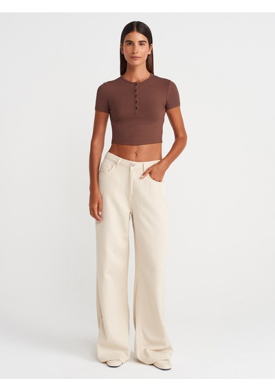 Dilvin 31647 Düğme Detaylı Crop Top-açık Kahve Açık Kahve