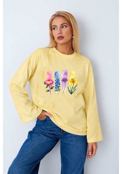 Herkesemoda Renkli Çiçekler Baskılı Tesettüre Uygun Oversize Body Sarı