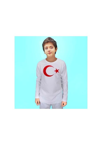 Genel Markalar Unisex Çocuk Uzun Kollu Beyaz Ay-yıldızlı T-shirt Beyaz Beyaz