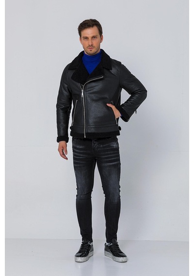 Cekmon Erkek Regular Fit İçi Yünlü Fermuar Detaylı Deri İşçilikli Klasik Suni Deri Mont 001
