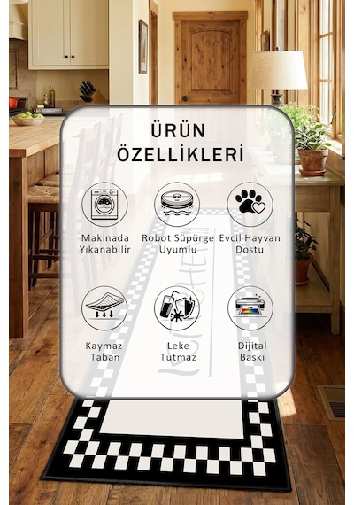 Damahome Krem Kitchen Siyah Yıkanabilir Mutfak Halısı