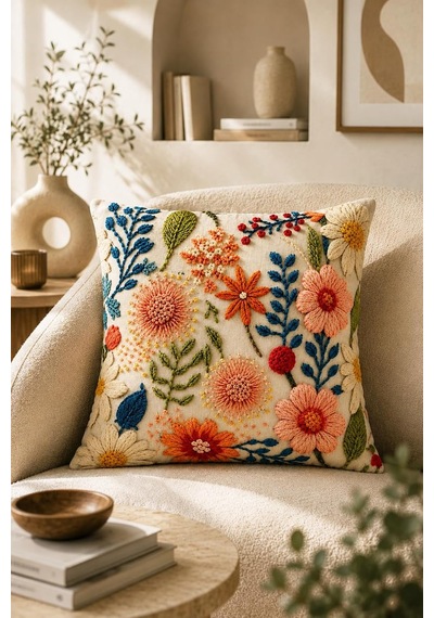 4'lü Set Çiçekli Dekoratif Kırlent Kılıfı 43x43 Cm, 3d Efektli Dijital Baskılı - Baharın Renkleri Çok Renkli