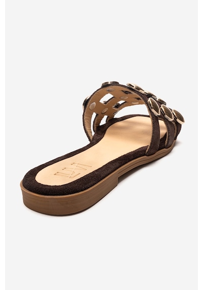 Luvishoes Bareon Kahverengi Süet Hakiki Deri Bantlı Altın Tokalı Kadın Terlik