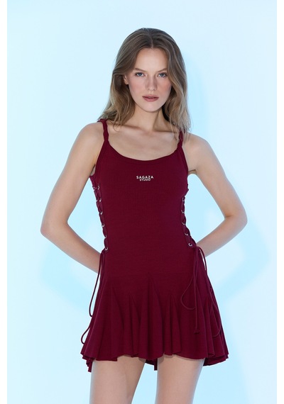 Sagaza Studio Ss6000 Askılı Yandan Bağcıklı Mini Elbise Bordo