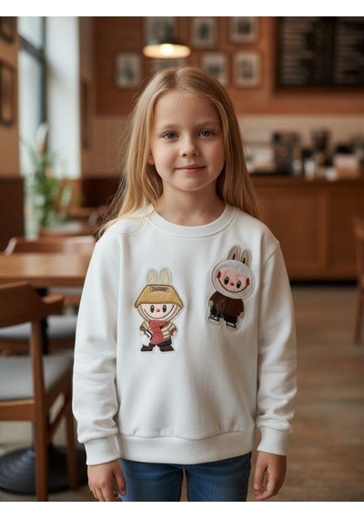 Kız Çocuk Pamuklu Karakter İşlemeli Sweatshirt-16392 Ekru Kız Çocuk Pamuklu Karakter İşlemeli Sweatshirt-16392 Ekru