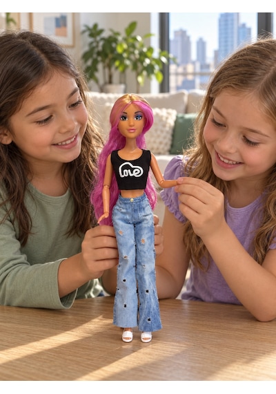 Halley Kot Pantolonlu Crop Tişörtlü Oyuncak Moda Bebeği - Pembe Saçlı - Eklemli Vücut