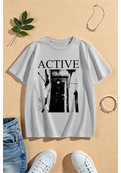 Uyguntarz Unisex Active Baskılı Tasarım Tshirt Gri