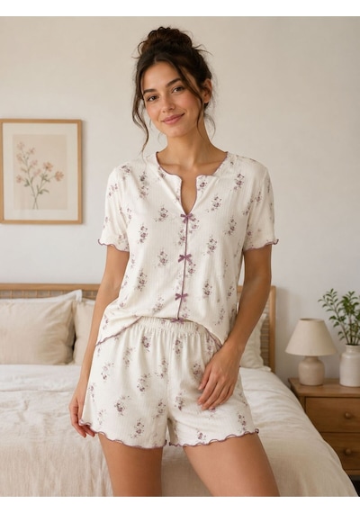 Kadın Yumuşak Dokulu Rahat Kalıp Desenli Şortlu Pijama Takım Krem