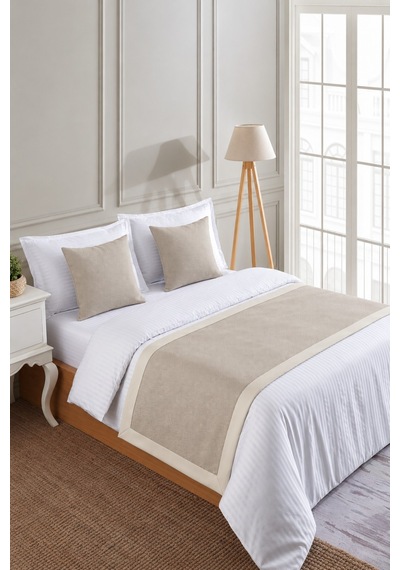 Varol 70x250 Yatak Şalı Runner Ve 2 Adet 45x45 Kırlent Seti Otel Konsept Lüx Dekoratif Set Krem