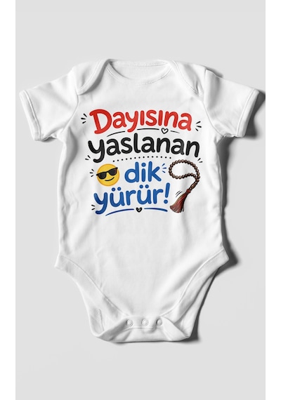Morivokids Dayısına Yaslanan Dik Yürür Kısa Kollu Bebek Body %100 Pamuk Beyaz