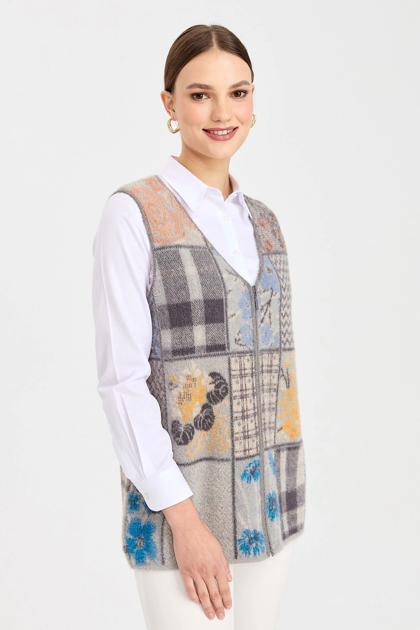 Desen Triko Kadın V Yaka Patchwork Yelek K.gri K.GRİ
