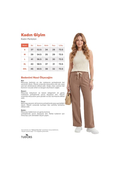 Tudors Kadın %100 Pamuk Baggy Fit Rahat Kesim Lastikli Bel Müslin Kumaş Cepli Bej Pantolon-51093