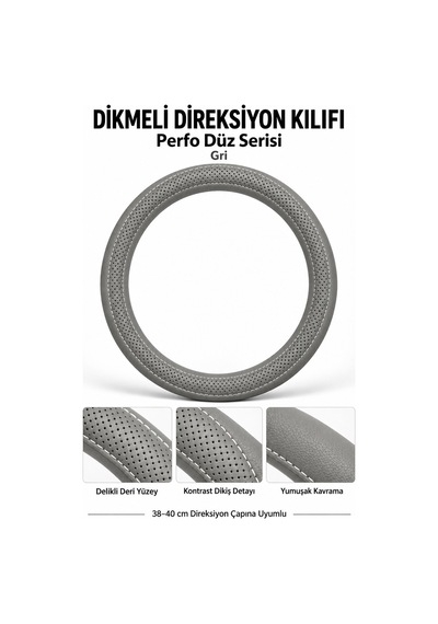Trobus Audi A3 2021-2025 Uyumlu Dikmeli Direksiyon Kılıfı Perfo Düz Delikli Deri Gri