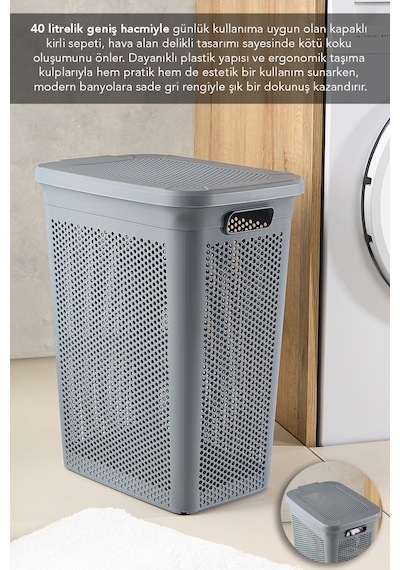 40 Litre Kirli Çamaşır Sepeti - Kapaklı Delik Detaylı Stash Slim Kirli Sepeti Banyo Organizer Gri Gri