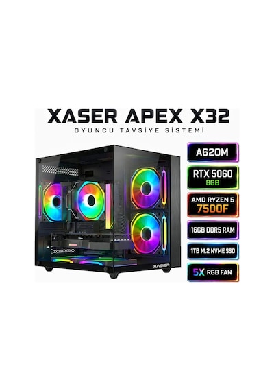 Xaser Apex-X32 R5-7500F 16 GB 1 TB M.2 SSD RTX5060 Free Dos Oem Paket Masaüstü Oyuncu Bilgisayarı