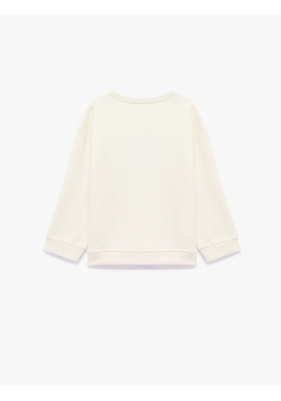 Koton Uzun Kollu Bisiklet Yaka Nakış Detaylı Sweatshirt Bej 6wmg10154ak Ekru