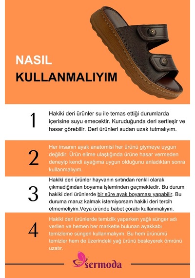 Sermoda Hakiki Deri Kadın Terlik - Yumuşak Kalın Tabanlı Hakiki Deri Çift Cırtlı Kadın Terlik Kahve