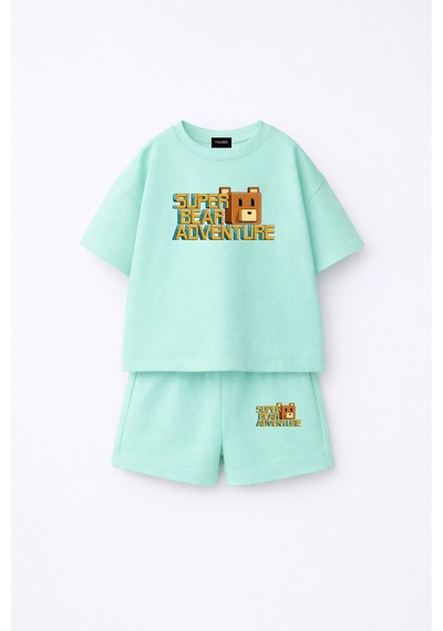 Fasardi Super Bear Adventure Süper Ayı Baskılı Oversize %100 Pamuk Tişört Şort 2li Çocuk Takım Su Yeşili