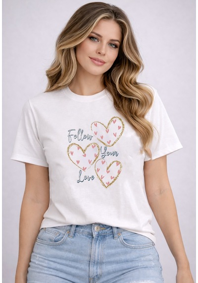 Herkesemoda Follow You Love Baskı Detaylı Kadın Bisiklet Yaka Pamuklu T-shirt Beyaz