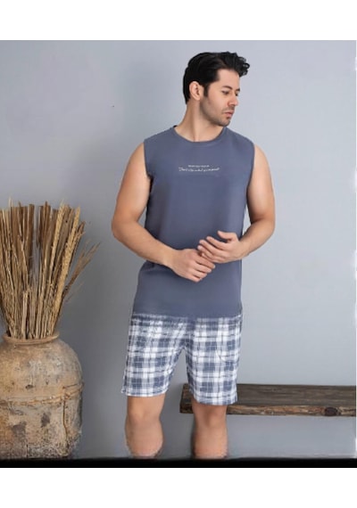 Pijamoni Erkek Bisiklet Yaka Kolsuz Şortlu Pijama Takımı 6185/11 - 1 Adet Füme
