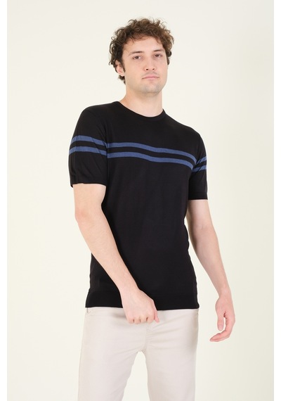 Giyim Dünyası Erkek Sıfır Yaka Çizgili Merserize T-shirt Siyah 001