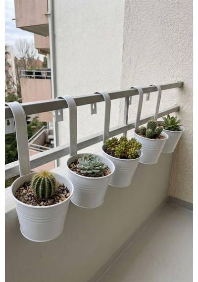 5'li Askılı Çok Amaçlı Dekoratif Galvaniz Saksı Kova Beyaz