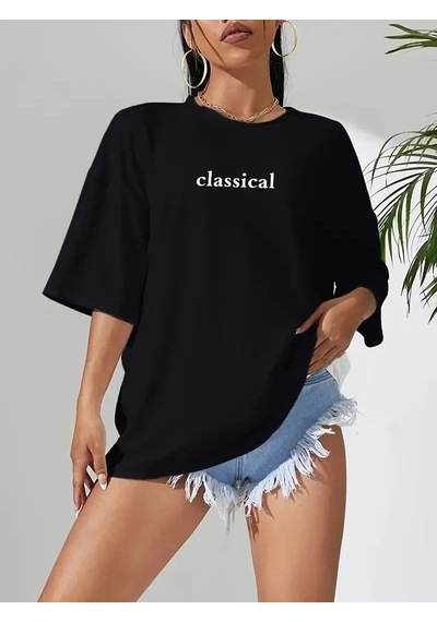 Kadın T-shirt Penye Compack Classical Baskılı Kısa Kol Tişört - Siyah