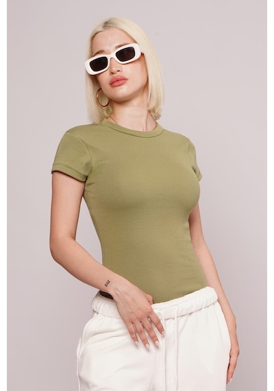 Açık Yeşil Bisiklet Yaka Basic Kadın T-shirt Mg2479 Yeşil