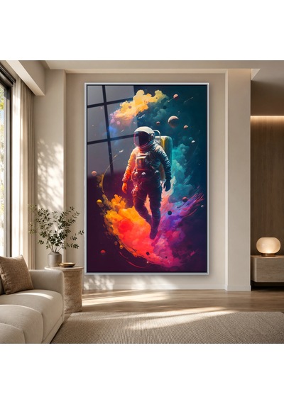 Renkli Dumanlarda Süzülen Astronot Gümüş Çerçeveli Cam Tablo