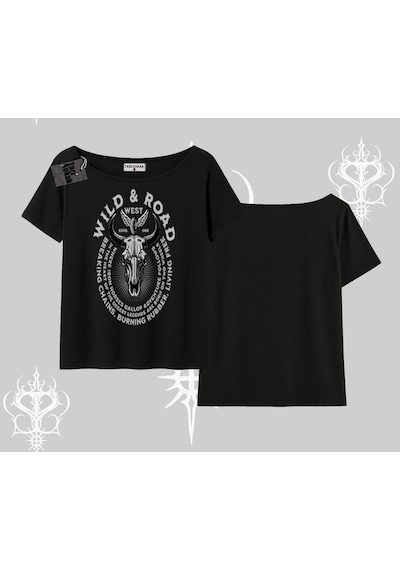Startmore Startmore Kayık Yaka Tshirt Wild & Road Western Skull Biker Street Culture Siyah