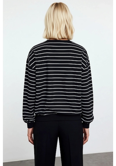 Benerly Kadın Bisiklet Yaka Düşük Kol Çizgili Regular Örme Sweatshirt Fon siyah