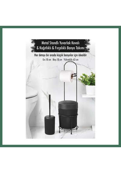 En-cag Metal Standlı Yuvarlak Kovalı & Kağıtlıklı & Fırçalıklı Siyah Banyo Takımı Bss