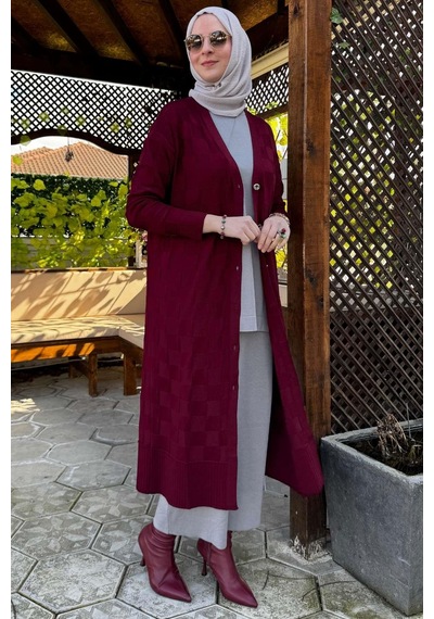 Rabia Şamlı Dama Desenli Triko Hırka Bordo Çok Renkli