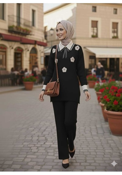 Sayzen Your Shine Gömlek Yaka Broşlu Alt-üst 2'li Triko Takim Sdnz-2501 Siyah