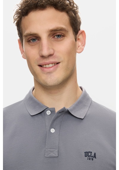 Ucla Lakes Koyu Gri Polo Yaka Nakışlı %100 Pamuk Standard Fit Erkek Tshirt