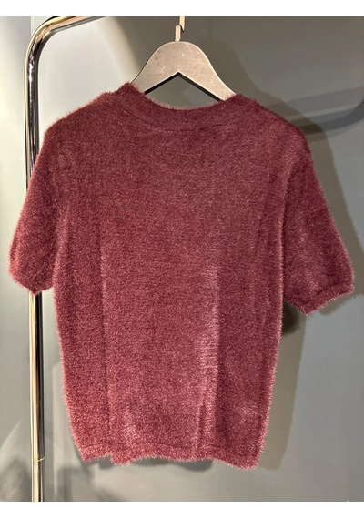 Sateen Yarım Kollu Sakallı Triko Mürdüm