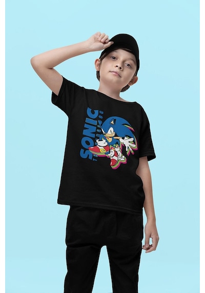 Sevbano Sonic The Hedgehog Baskılı Unisex Oyun Çocuk Tişört 1-12 Yaş SIYAH