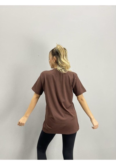 Flood Of Style Kadın Kahverengi Alaska Baskılı Oversize Bisiklet Yaka Tshirt