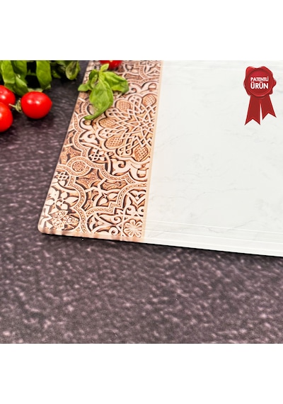 Kanallı Cam Kesme Tahtası - Arabesk Desen - Kenarı Oval - 25x35cm