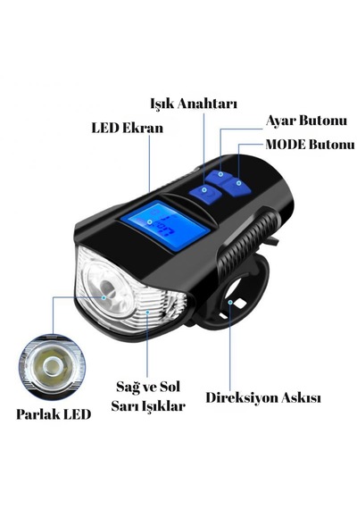 Lcd Ekran Şarjlı Bisiklet Işığı Hız Göstergeli Korna