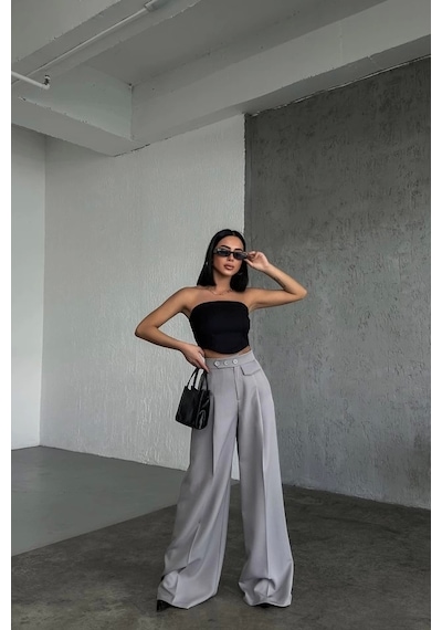 Defymoda Üç Düğme Detayli Palazzo Pantolon Gri