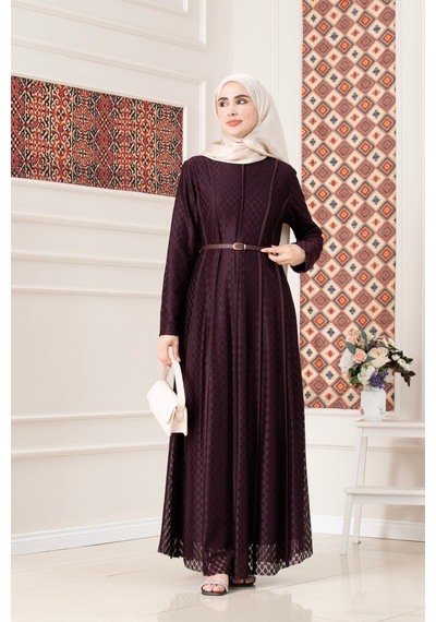 Sevitli Biye Detaylı Kemerli Dantel Tesettür Elbise-mor-5744