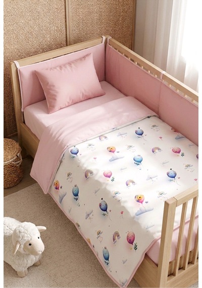 %100 Pamuk Balon Desenli Fermuarlı Bebek Nevresim Pembe