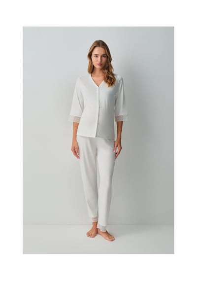 Suwen Pearl Hamile Lohusa Gömlek Yaka Pijama Takımı Wsh10510179036 Ekru