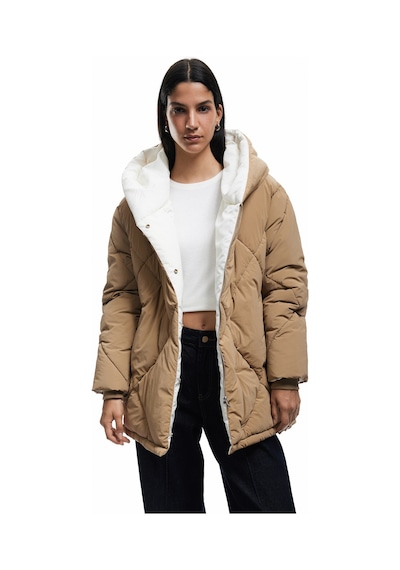 Koton Kapüşonlu Cep Detaylı Fermuarlı Çıtçıt Düğmeli Kapitone Oversize Anorak Bej 6wal00007ıw Ekru